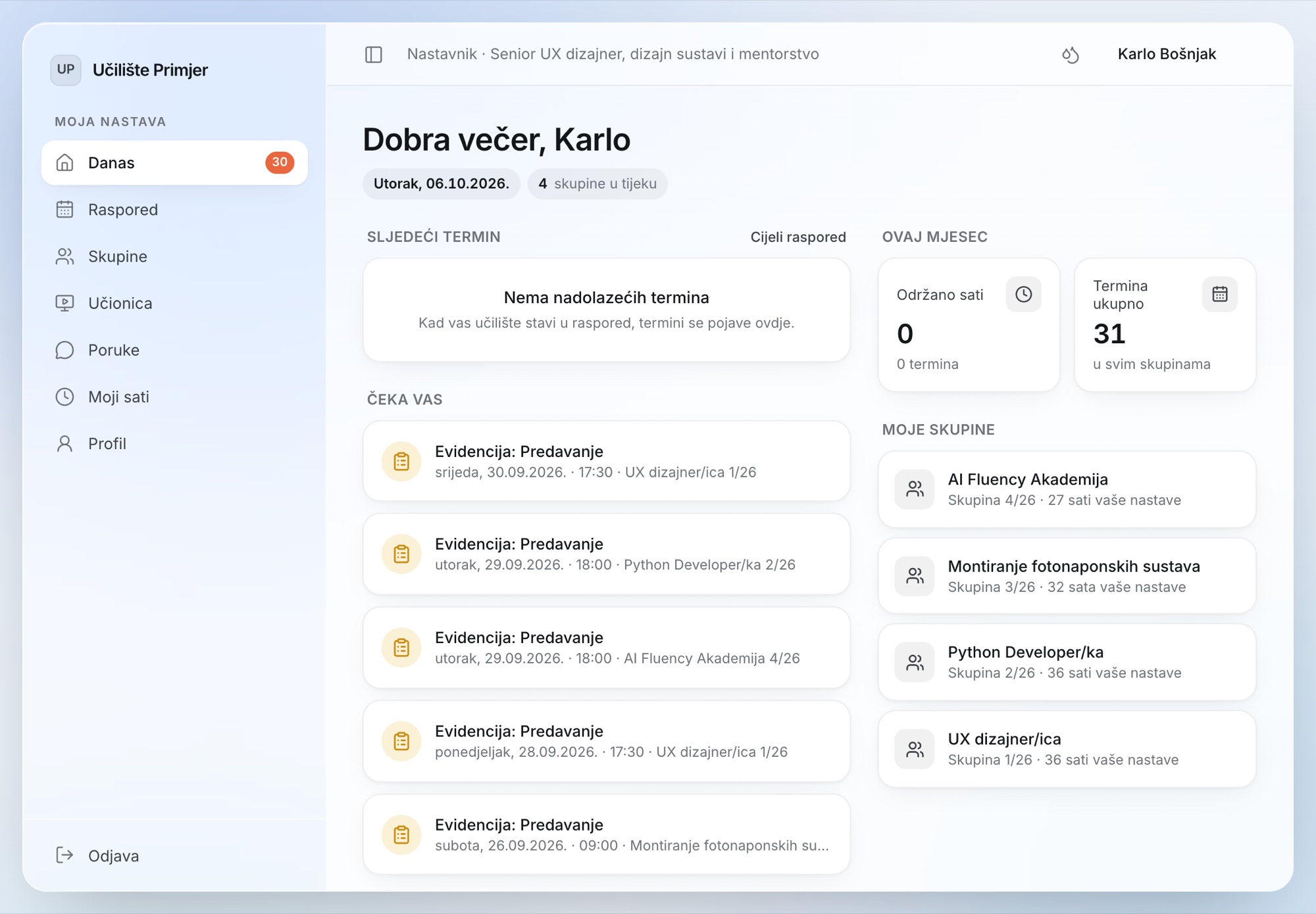 Portal nastavnika na tabletu: termini koji čekaju evidenciju i skupine